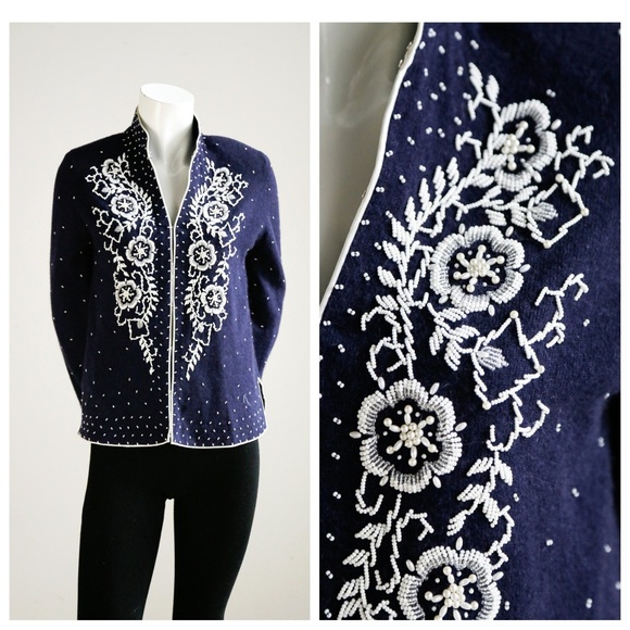 Unbranded | Vintage Sweaters - 50's Floral Embroidered Beaded  Wool  Cardigan